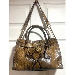 Michael Kors Hamilton Snakeskin Embossed Leather Satchel Brown Gold MK Padlock